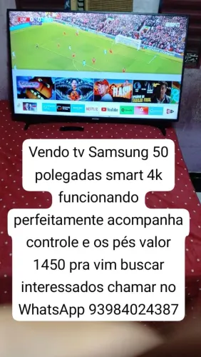 Vendo tv Samsung 50 polegadas smart 4k funcionando perfeitamente valor 1450 pra vim busca