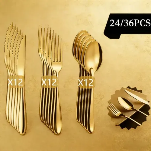 Mesa Posta Premium! Faqueiro Dourado Inox 24/36 Peças | Oferta