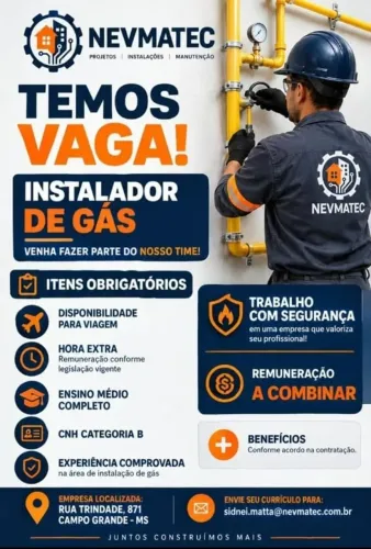 Oportunidade de emprego - Auxiliar gasista - Montador