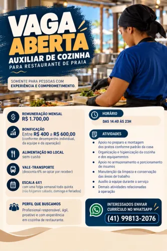VAGA ABERTA - AUXILIAR DE COZINHA