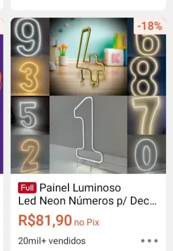Número 6 em led para decoração 