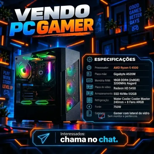 PC Gamer Ryzen 5 4500 / 16GB DDR4 3200MHz / SSD NVMe 512GB / Water Cooler 240mm