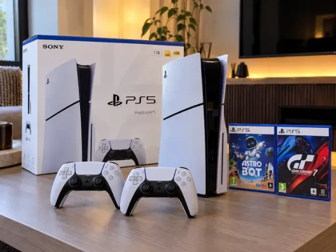 PS5 Slim 1TB com leitor + 2 controles + 2 jogos