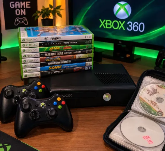 Xbox 360 slim impecável novo DESBLOQUEADO com 02 controles e cabos