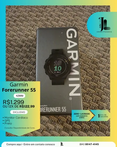RELÓGIO GARMIN FORERUNNER 55, 42MM, PRETO, LACRADO, EXCLUSIVO!
