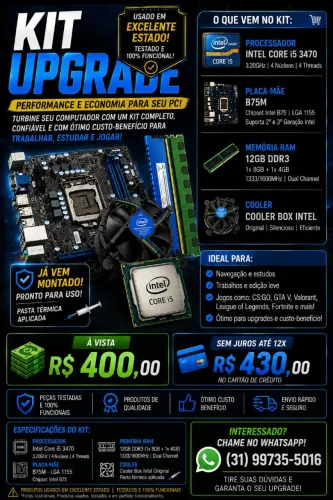 Kit i5 3470+ placa mãe b75m+ 1x8 gb ram + 1x4 GB ram + Air cooler intel