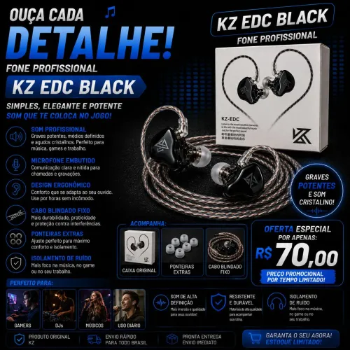 KZ EDC BLACK ORIGINAL ? Fone Profissional Gamer / DJ / Retorno de Palco ? Graves Potente