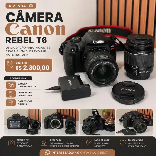 Câmera Canon  t6<br>Acompanha:<br>Carregador<br>Lente do Kit EFS 18-55mm<br>R$ 2.300,00