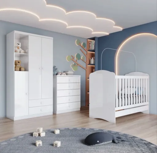 Quarto de Bebê com Guarda-Roupa 3 Portas Cômoda e Berço Faz de Conta