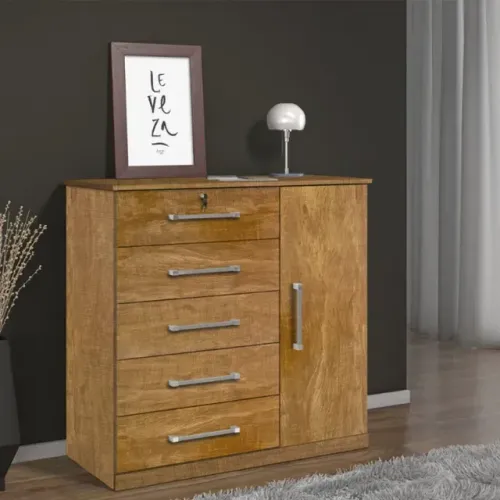 !!! FRETE GRATIS !!! Cômoda Vane 012 Cinamomo 5 Gavetas 1 Porta Larg. 0.92m - JL Móveis