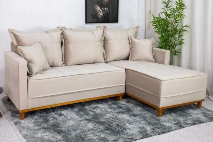 Sofá 3 Lugares com Chaise Veludo Bege Molas Ensacadas