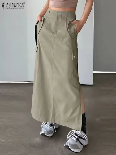 Saia Cargo Feminina Longa Cinza com Bolsos Laterais Streetwear