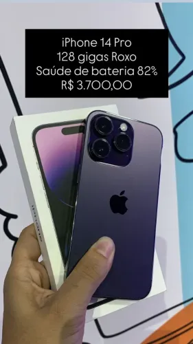 iPhone 14 Pro / 128GB / Roxo / Saúde de bateria 82% / R$ 3.700,00 