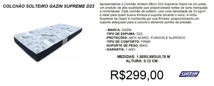 Colchão solteiro espuma d23 gazin supreme - à pronta entrega