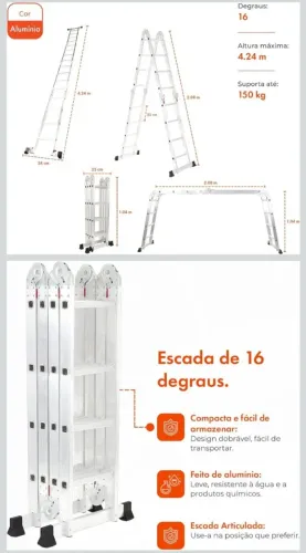 Escada Articulada de Alumínio Multifuncional 16 Degraus 4,32m