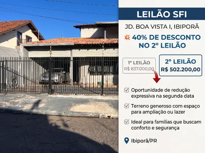 LEILÃO SFI: DESCONTO DE 40% NO 2º LEILÃO - JD BOA VISTA I, IBIPORÃ