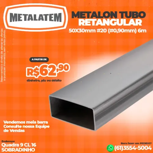Tubo Metalon Retangular 50x30 #20 (0,90mm) 6m