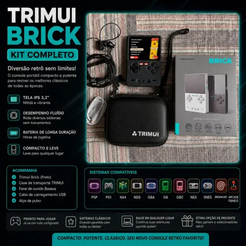 TRIMUI BRICK 128GB Completo + Case + Fone Baseus + Capa