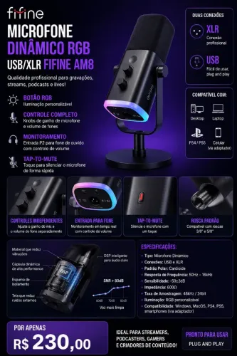 Microfone Fifine AM8 USB/XLR RGB