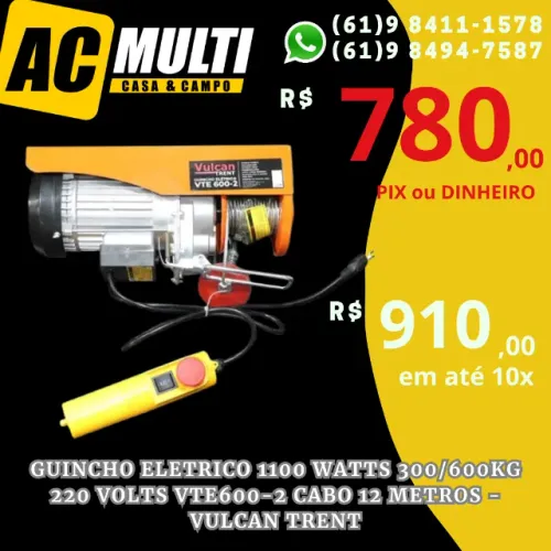 GUINCHO ELETRICO 1100 WATTS 300/600KG 220 VOLTS VTE600-2 CABO 12 METROS - VULCAN TRENT