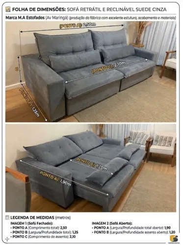 Sofá Retrátil e Reclinável Suede Cinza - 2,50 m