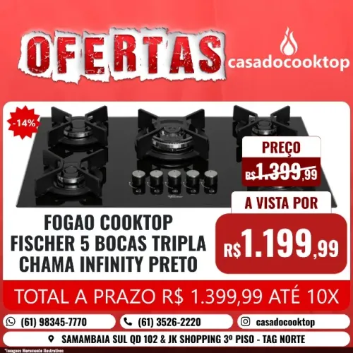 FOGAO COOKTOP FISCHER 5 BOCAS TRIPLA CHAMA INFINITY PRETO 26298-57077