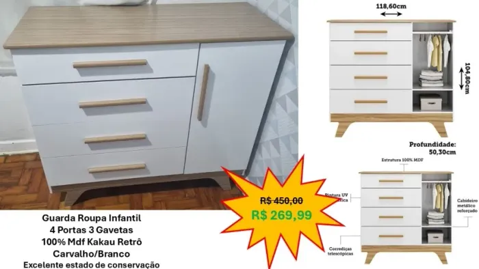 Comoda Infantil  4 Gavetas 1 Porta 100% Mdf Kakau Retrô Carvalho/Branco Excelente estado d