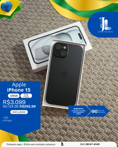 IPHONE 15, 5G, 128GB, CHIP FÍSICO, PRETO, SEMINOVO , EXCLUSIVO!