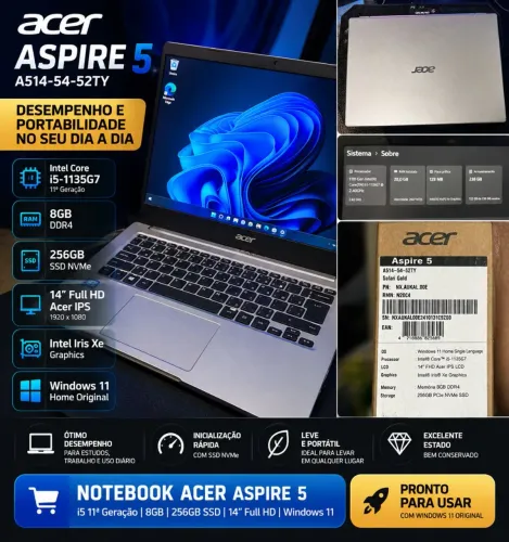 ? Notebook Acer Aspire 5 | Core i5 11ª Geração | 20GB RAM | SSD 256GB | Full HD