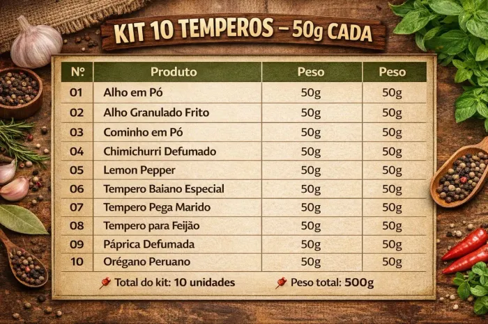 Kit 10 Temperos com 50g Cada (sabor marcante)