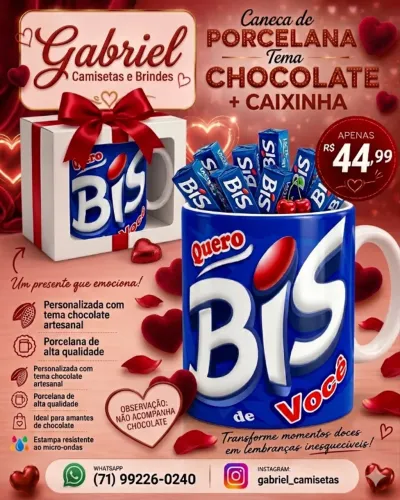 Caneca Porcelana Tema Chocolate + caixinha p/ dia dos Namorados