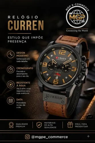 Relógio Masculino CURREN Original - Pulseira em Couro, Cronógrafo e Data