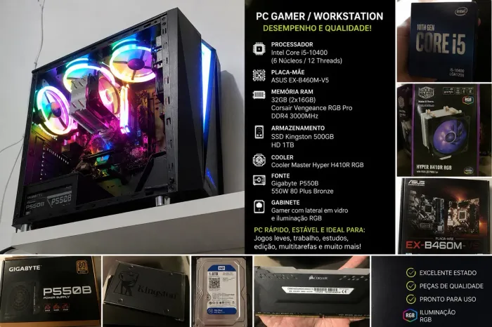 ? PC Gamer / Workstation Intel Core i5 10ª Geração | 32GB RAM Corsair RGB | SSD + HD