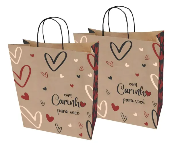 Kit 17 Sacolas de papel Kraft decoradas, com carinho para você, Tam. G