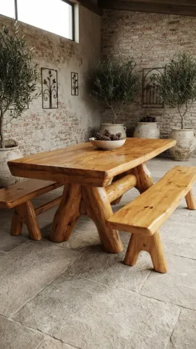 ?Mesa de Jantar Rústica Artesanal com Bancos para Varanda e Área Gourmet