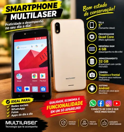 Smartphone Multilaser E Lite Dourado com 32GB, 4 de RAM, Tela 4?, Android 8.1, Dual Chip,