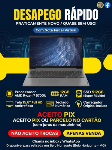 DESAPEGO RÁPIDO! Lenovo IdeaPad 3 - Praticamente Novo!