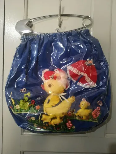 Bolsa Infantil Vintage Anos 70/80 Azul Patinhos Fecho Alfinete Rara - em excelente estado