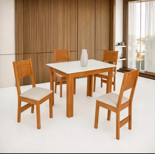 MESA DE JANTAR QUADRADA 4 CADEIRAS - MODELO MEL COM TAMPO BRANCO