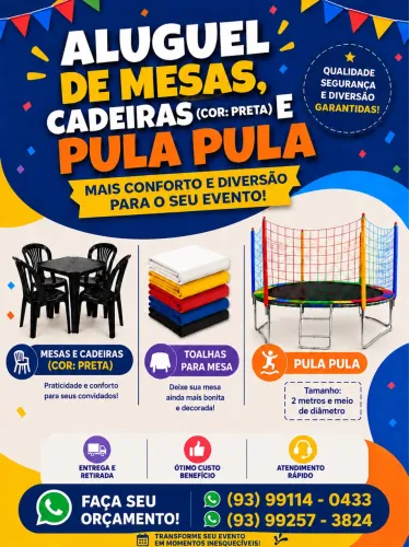Aluguel mesas, cadeiras, toalhas, pula pula
