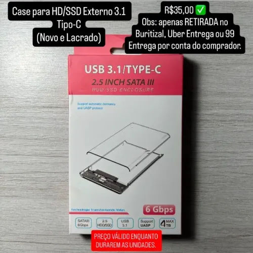 Case para HD/SSD Externo USB 3.1 Tipo-C (Novo e Lacrado) PROMOÇÃO
