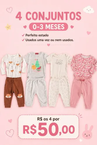 4 conjuntos de menina 0-3 meses marcas variadas, em estado de novas