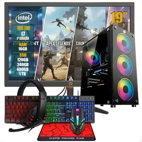 PC Gamer Completo Intel Core i7 3ª Geração, Opções 8GB/16GB RAM, SSD 240GB/