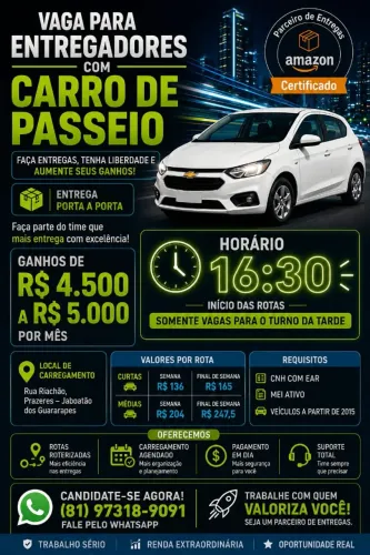 Entregador - Carro de Passeio - Ganhe de R$ 4500 a R$ 5000/mês