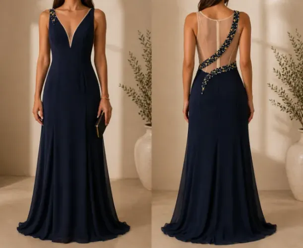 Vestido de festa azul marinho bordado decote em V