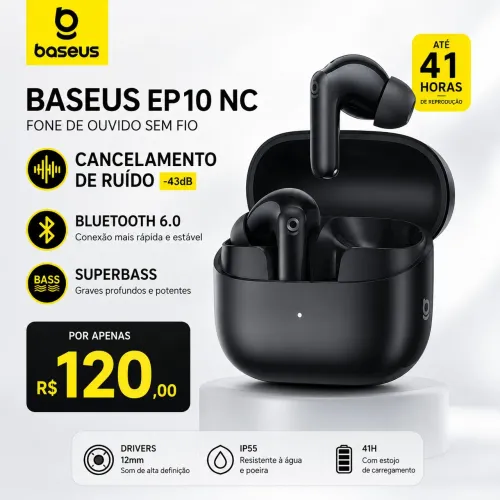 FONE DE OUVIDO BASEUS EP10 NC COM CANCELAMENTO DE RUÍDO E SUPERBASS BLUETOOTH 6.0