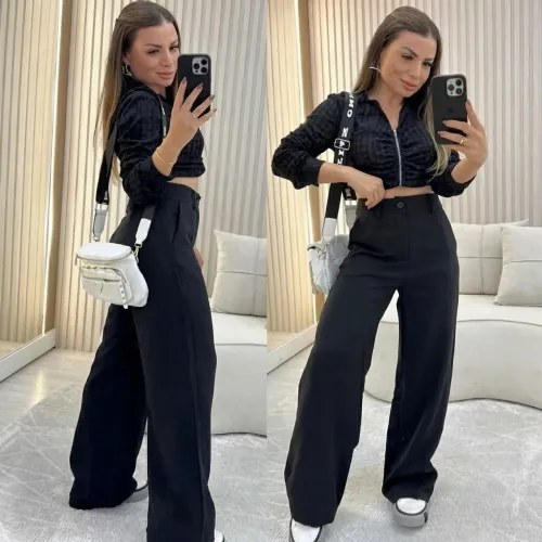 Calça alfaiataria pantalona feminina com bolso cintura alta