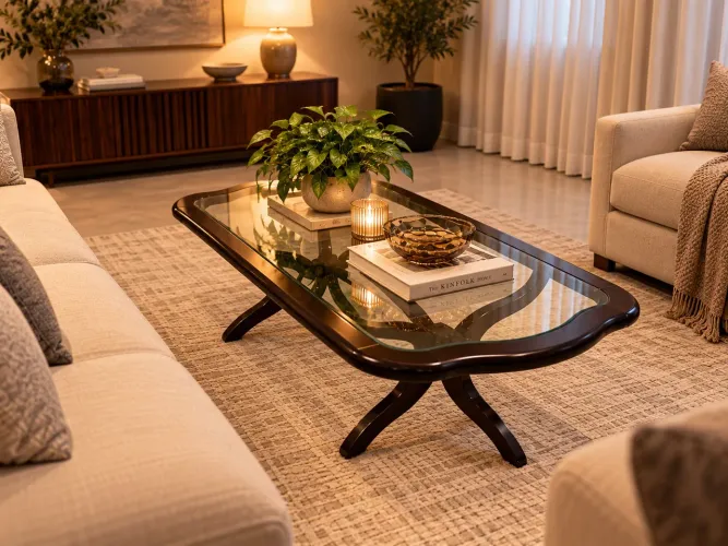 Mesa de Centro Clássica Contemporânea em Madeira e Vidro