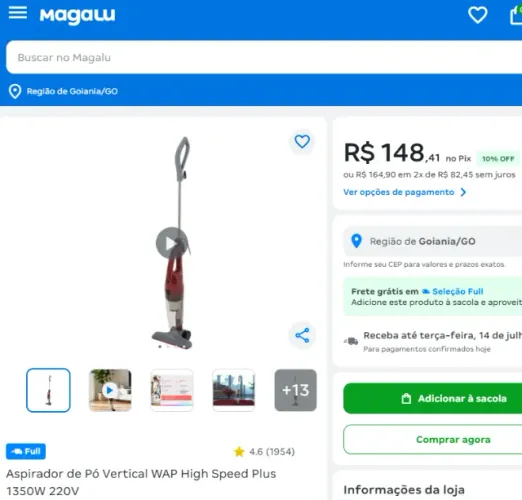 Aspirador de Pó Vertical WAP HIGH SPEED PLUS 3 em 1 | 1350W, 220V, 1,2 Litros