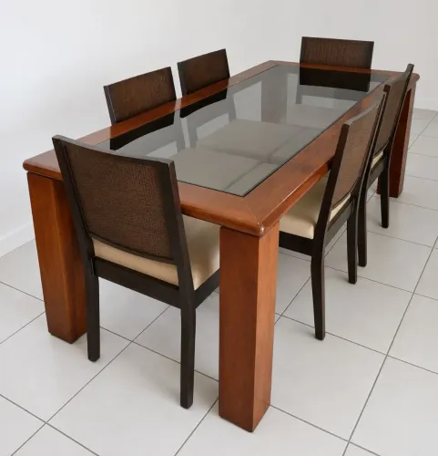 Mesa de Jantar em Madeira Maciça 2,10m com Tampo de Vidro + 6 Cadeiras Estofadas